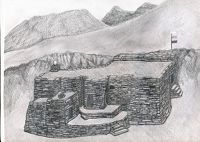 Type I.2a. An artist's conception of an all-stone corbelled residence built into a mountainside (drawn by Kleo Belay)